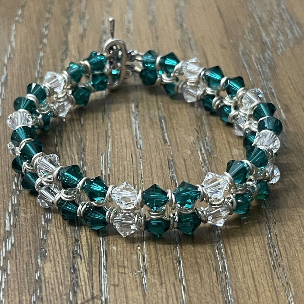 Handmade Womens‎ Bracelet Green Clear Beaded Double 7.5"